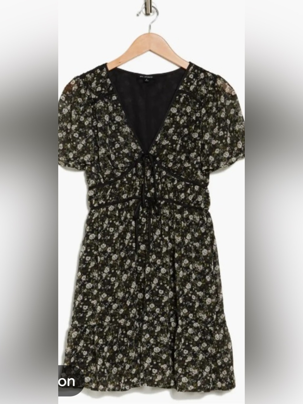 Dark green sheer sleeves Floral Tie-Front V-Neck lined Mini Dress medium NWT